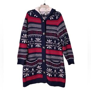 Christopher & Banks Navy and Red Snowflake Cardigan